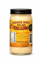 Back label of the 16 oz Farmer Bob's beef tallow jar showing the ingredients and nutrition panel