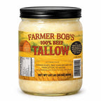 30 oz glass jar of Farmer Bob's 100% Beef Tallow with yellow label and black lid
