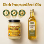 Farmer Bob's beef tallow jar shown beside a bottle of processed seed oil for comparison