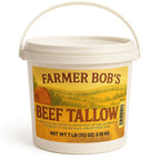 7 lb tub of Farmer Bob's Beef Tallow, 112 oz, with tan lid and carry handle