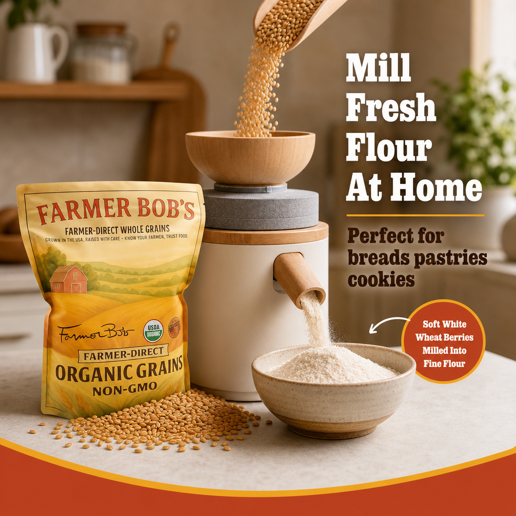 Organic soft white wheat berries for baking bread, pastries and rolls