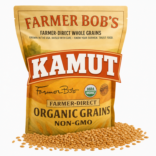 Farmer Bob's Organic KAMUT Khorasan Wheat Berries 5 lb package with whole kernels spilled in front