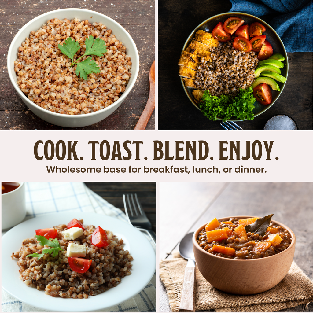 Four ways to eat buckwheat groats: breakfast bowl, salad, grain plate and hearty stew