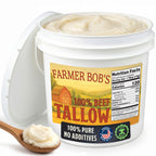 Open bucket of Farmer Bob's beef tallow showing smooth cream-colored rendered fat filled to the rim