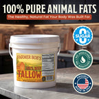 Farmer Bob's beef tallow bucket with 100% pure animal fat, no sugar and non-GMO badges