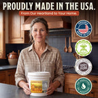 Woman in a farmhouse kitchen holding a bucket of Farmer Bob's beef tallow, proudly made in the USA