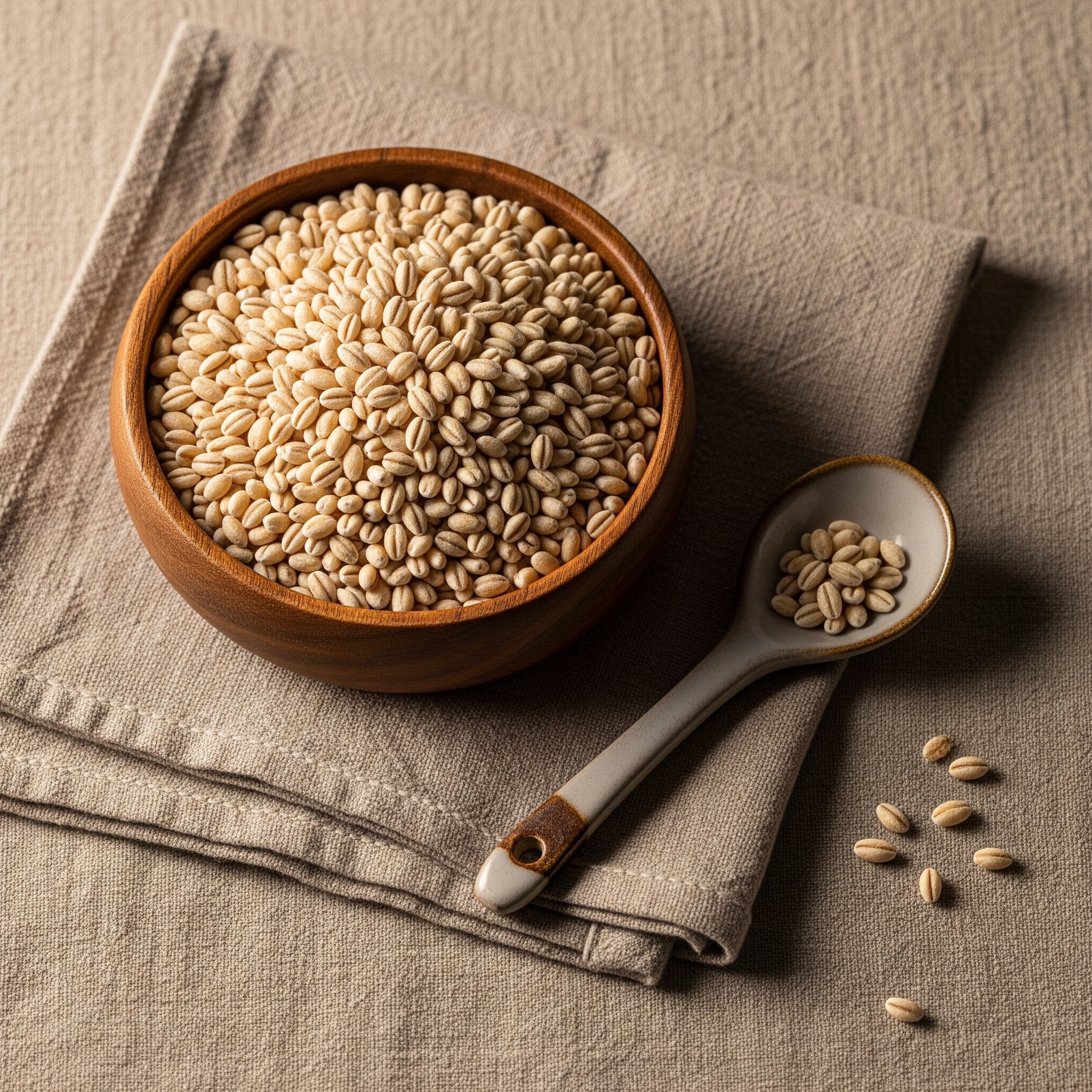Wooden bowl of barley on linen with a spoon and scattered grains