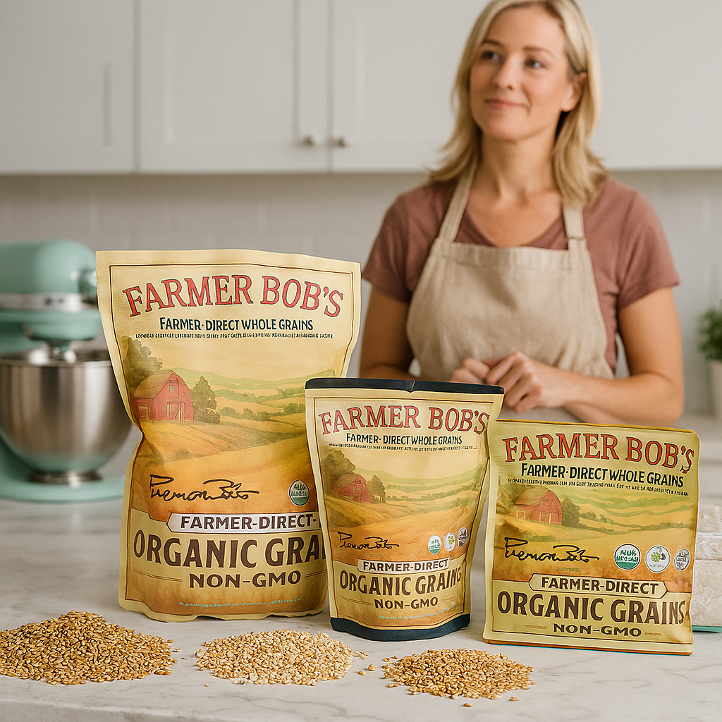Woman in a kitchen with three Farmer Bob's organic grain bags and grain poured out