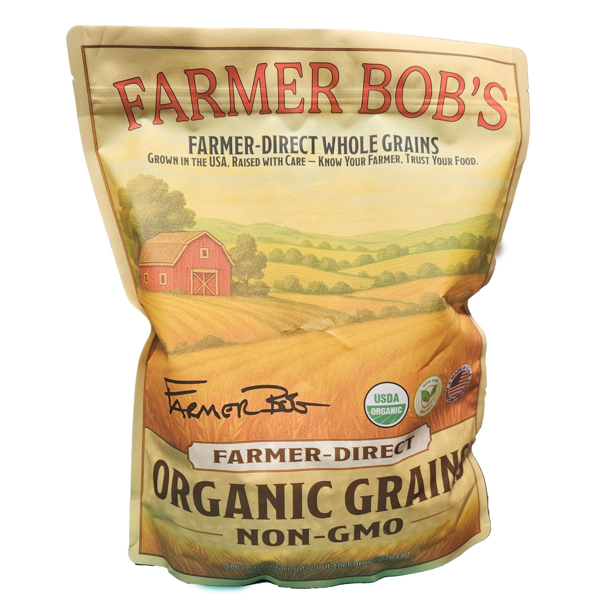 Farmer Bob's resealable organic oats pouch with red barn and wheat field artwork