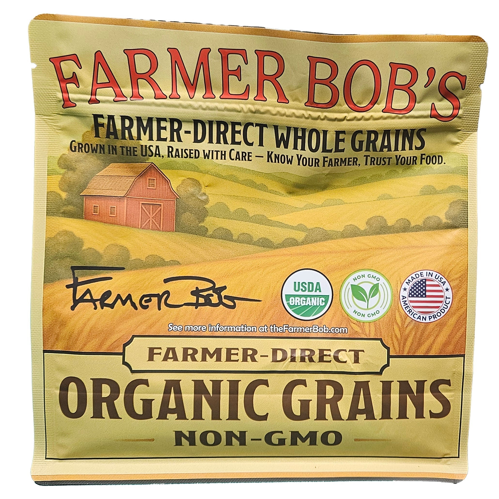 Front of the Farmer Bob's organic grains bag with USDA organic and US flag seals