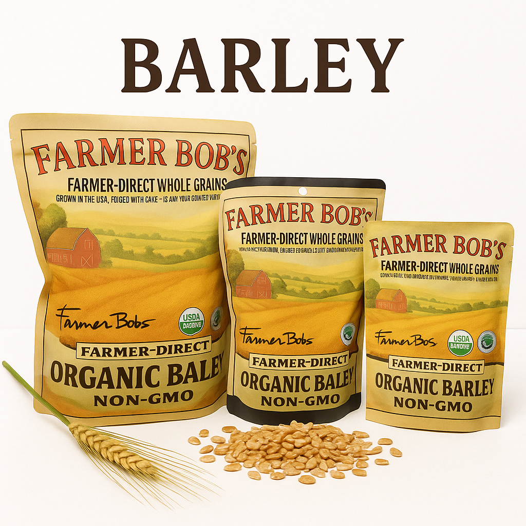 Three sizes of Farmer Bob's organic barley bags with raw barley grains and wheat stalks