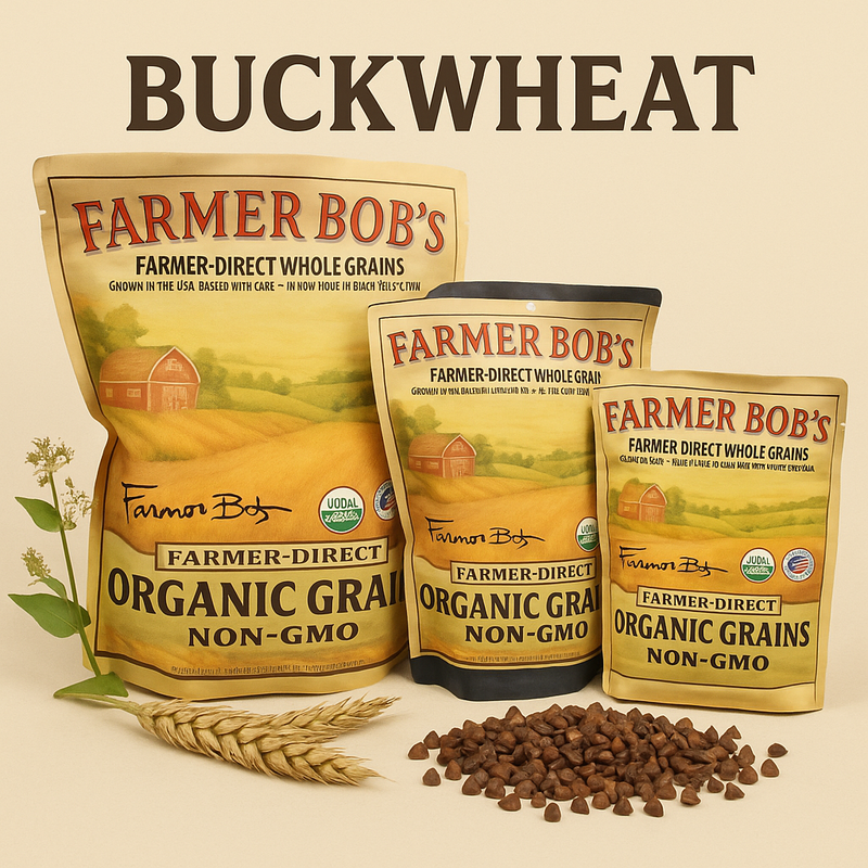 Three sizes of Farmer Bob's organic buckwheat bags with raw groats and wheat stalks