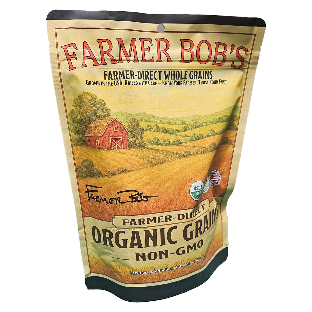 Angled resealable Farmer Bob's organic grains bag showing the farm landscape artwork
