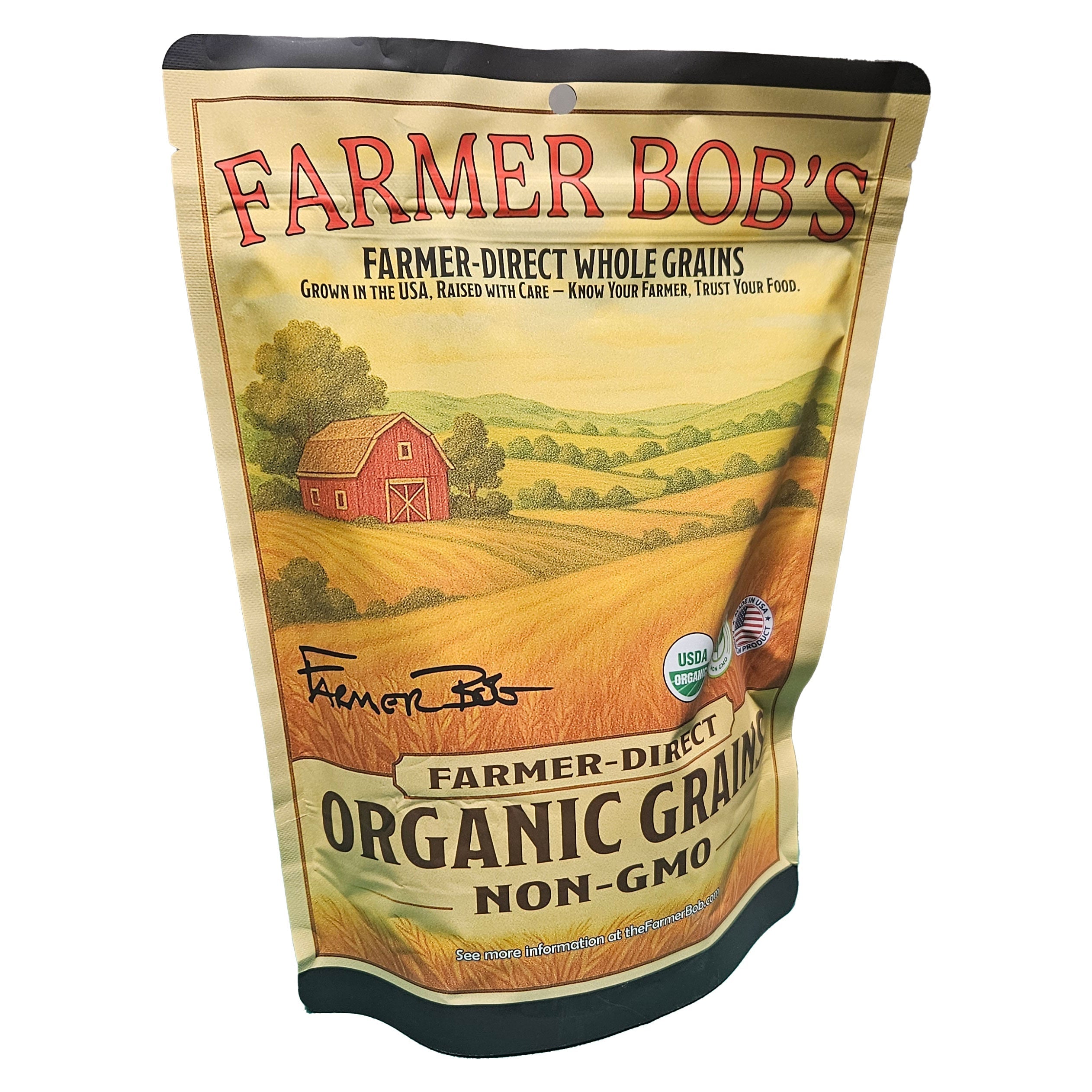 Angled resealable Farmer Bob's organic grains bag showing the farm landscape artwork