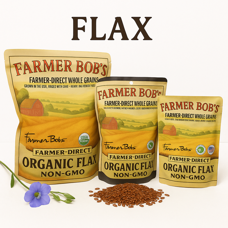 Three sizes of Farmer Bob's organic flax seed bags with flax seeds and a blue flax flower