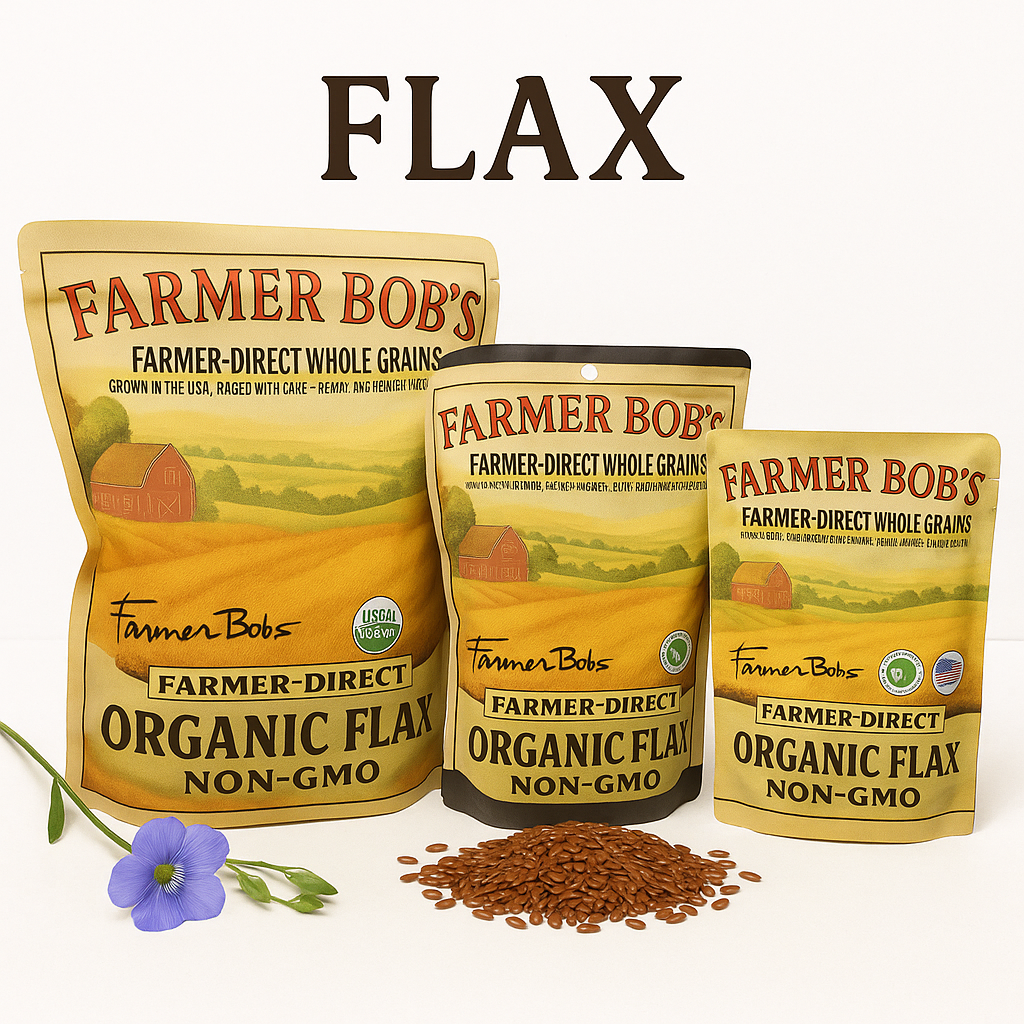Three sizes of Farmer Bob's organic flax seed bags with flax seeds and a blue flax flower