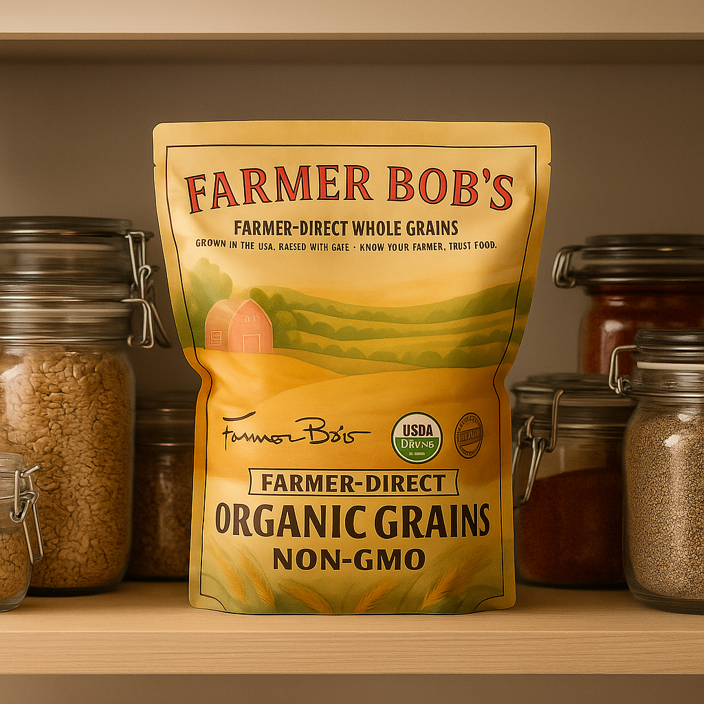 Farmer Bob's organic grains bag on a pantry shelf beside glass storage jars