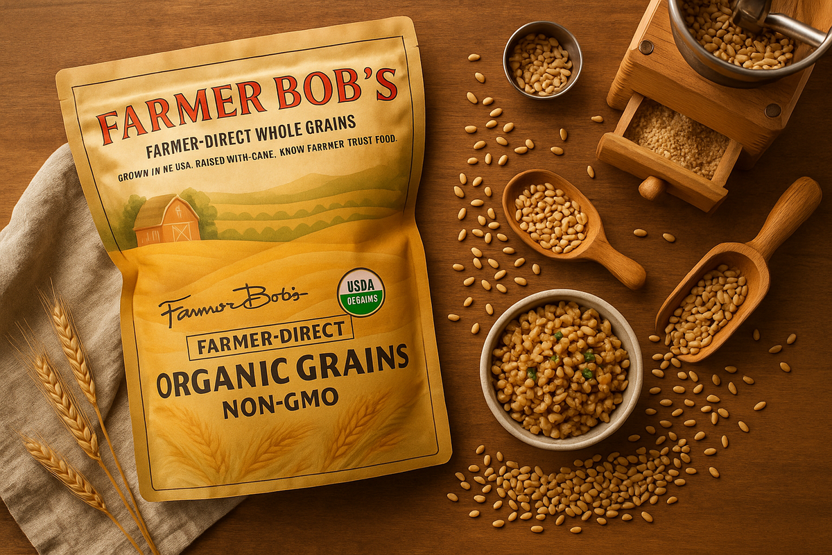Farmer Bob's organic grains bag styled with bowls, wooden scoops and a grain grinder