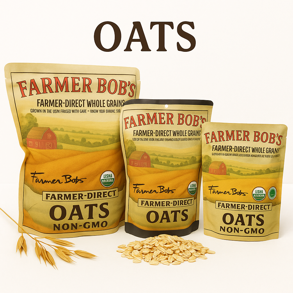 Three sizes of Farmer Bob's organic oats bags with rolled oats and oat stalks