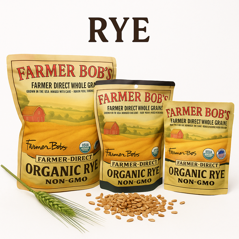 Three sizes of Farmer Bob's organic rye bags with raw rye berries and grain stalks