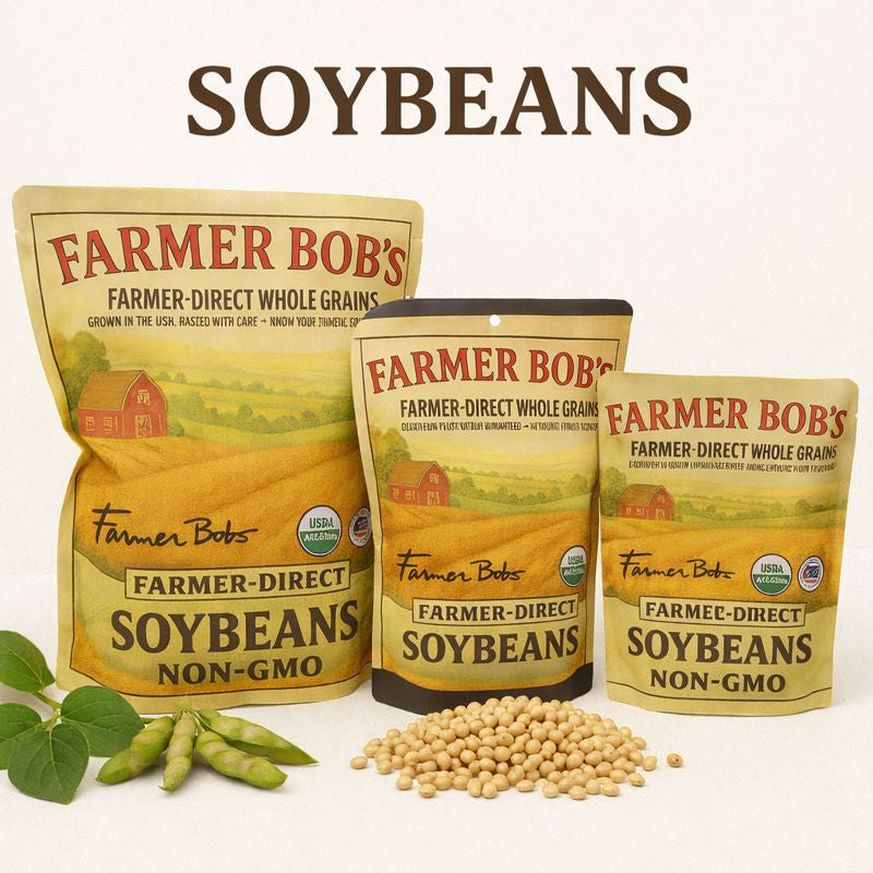 Three sizes of Farmer Bob's organic soybean bags with whole soybeans and a soy plant
