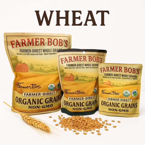 Three sizes of Farmer Bob's organic wheat bags with spelt berries and wheat stalks