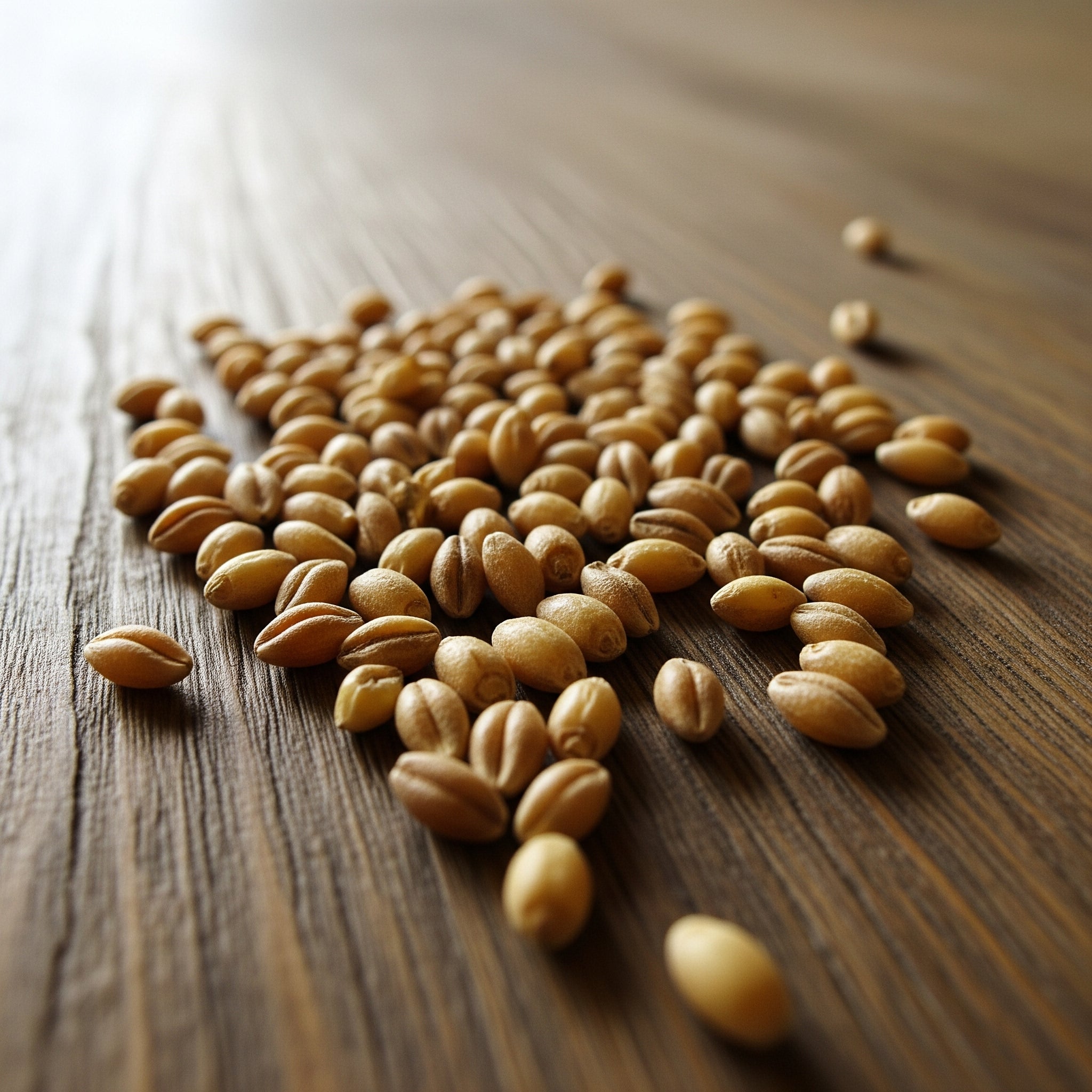 Barley grains scattered across a wooden table