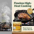 Steak searing in a smoking cast iron pan beside Farmer Bob's tallow, no burning like oils