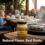 Family eating outdoors at a picnic table with a jar of Farmer Bob's beef tallow on the table