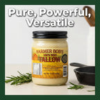 Farmer Bob's beef tallow jar with rosemary and a black skillet, pure powerful and versatile