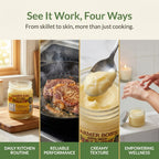 Four panels showing beef tallow used for skillet cooking, frying, creamy texture and on skin