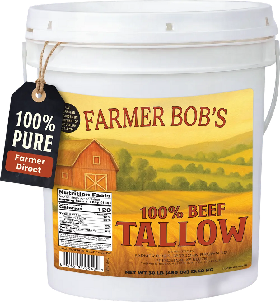 Farmer Bob's 30 lb bucket of 100% beef tallow with label