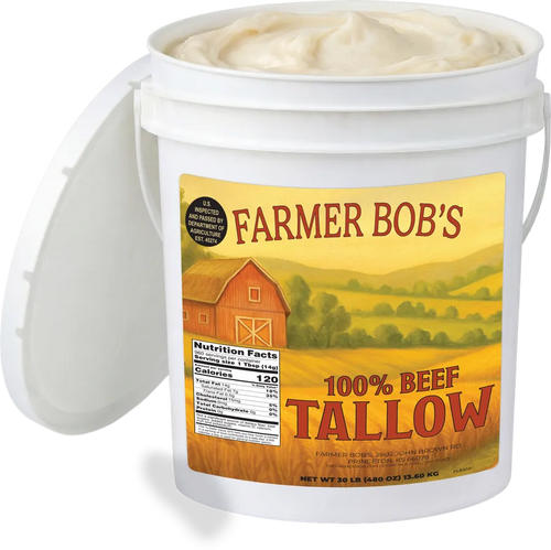 Farmer Bob's 30 lb bucket of 100% beef tallow, lid open