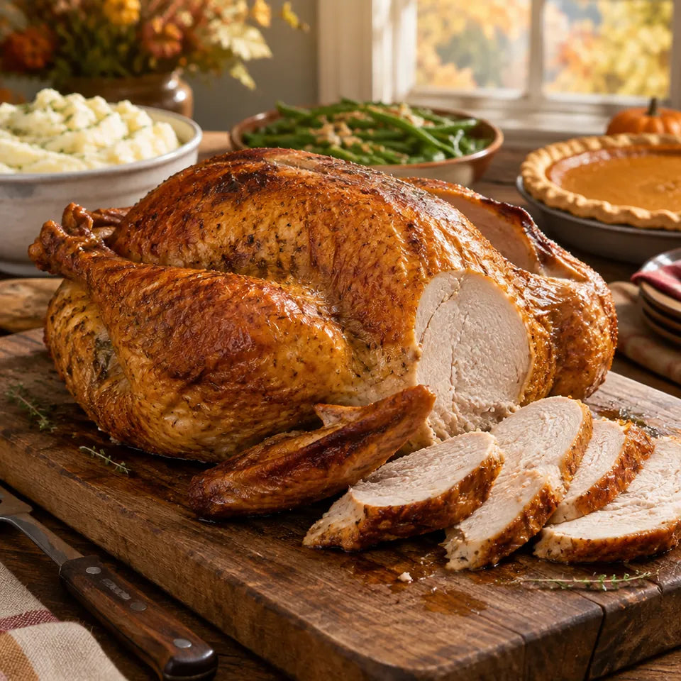 Fried turkey carved on a Thanksgiving table (illustrative image)