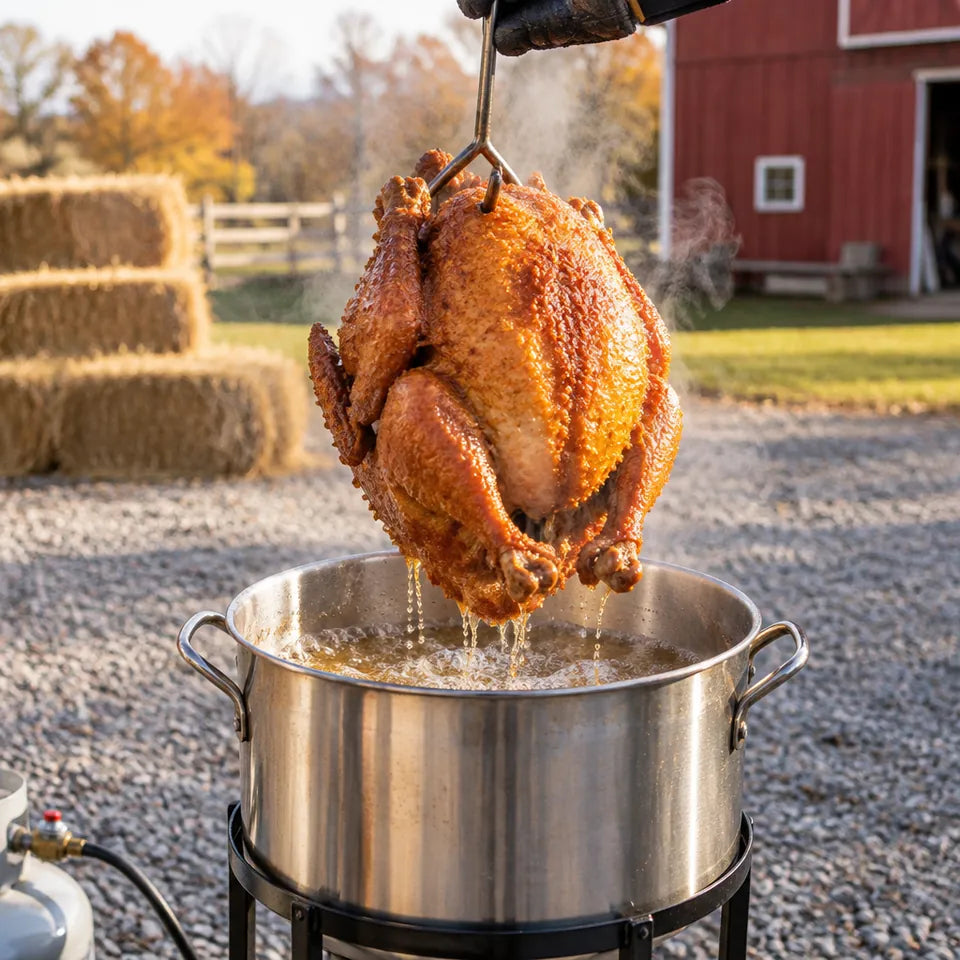 Golden fried turkey lifted from a turkey fryer pot (illustrative image)