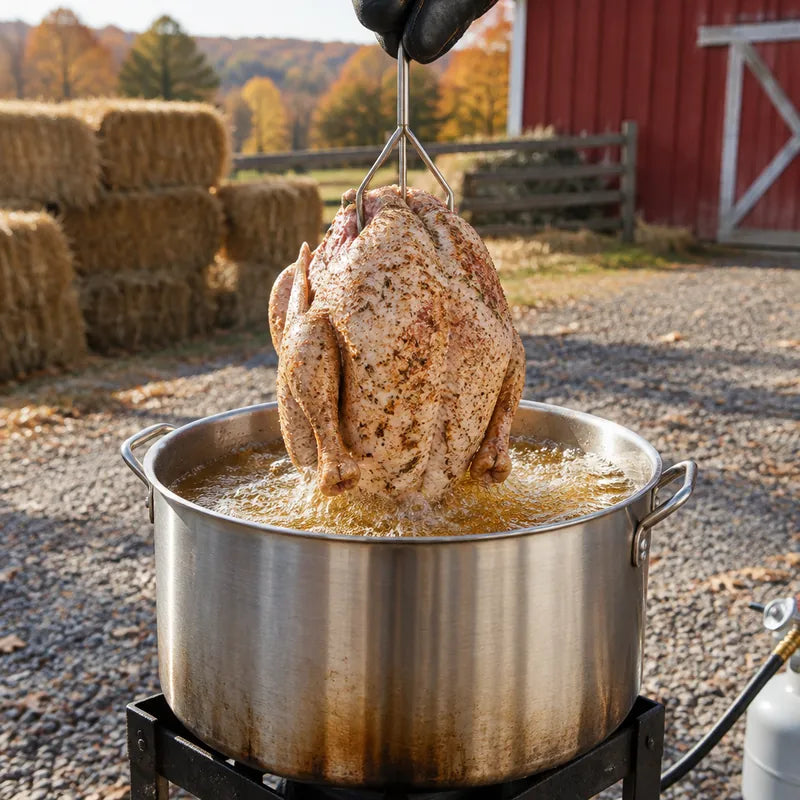 Turkey being lowered into a fryer pot on a hook (illustrative image)