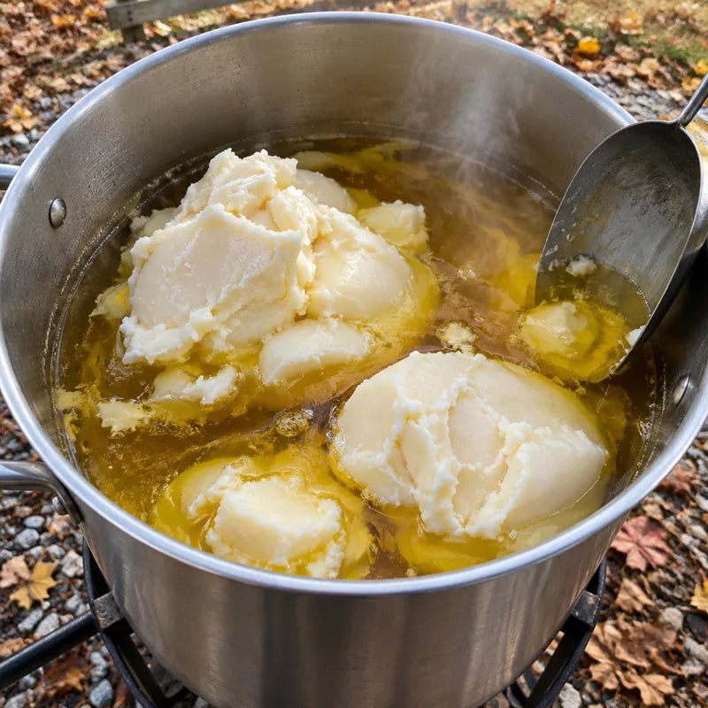 Beef tallow melting in a turkey fryer pot (illustrative image)