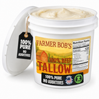 Farmer Bob's 7 lb beef tallow bucket open and full, tagged 100% pure with no additives